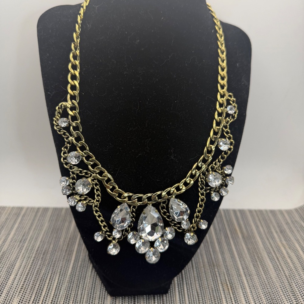 Vintage Statement Bib Necklace Antique Gold Tone Clear Crystal Teardrop 20in